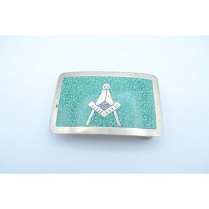 Sterling Silver Freemasons Belt Buckle With Turquoise Brass & Enamel Inlay